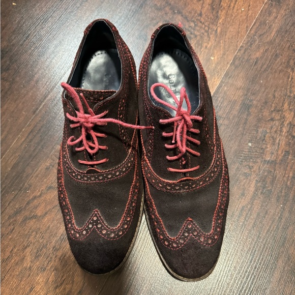 Cole Haan Dark Brown Suede Wingtip Shoe Pink Stitching Size 7.5 - Picture 7 of 9
